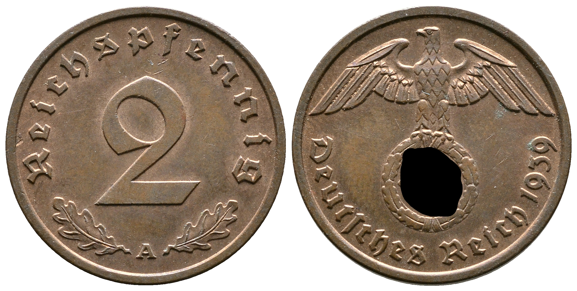 Германия 2 рейхспфеннига 1939 A KM 90, J. 362 бронза    4679-127