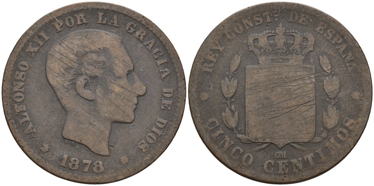 Испания 5 сентимо 1878 Альфонсо XII (1875 - 1885) KM 674 бронза 4155-155