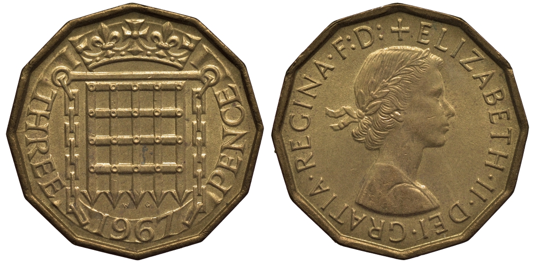 Великобритания 3 пенса 1967 Елизавета II (1952-2022) KM 900, Spink 4153 никель латунь UNC 106-837