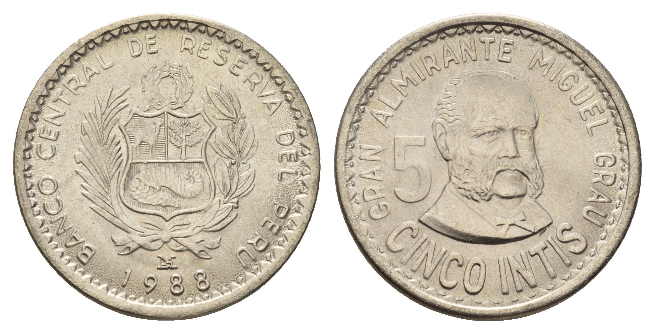 Перу 5 инти 1988 LIMA, Мигель Грау KM 300 медно-никель UNC 3334-642