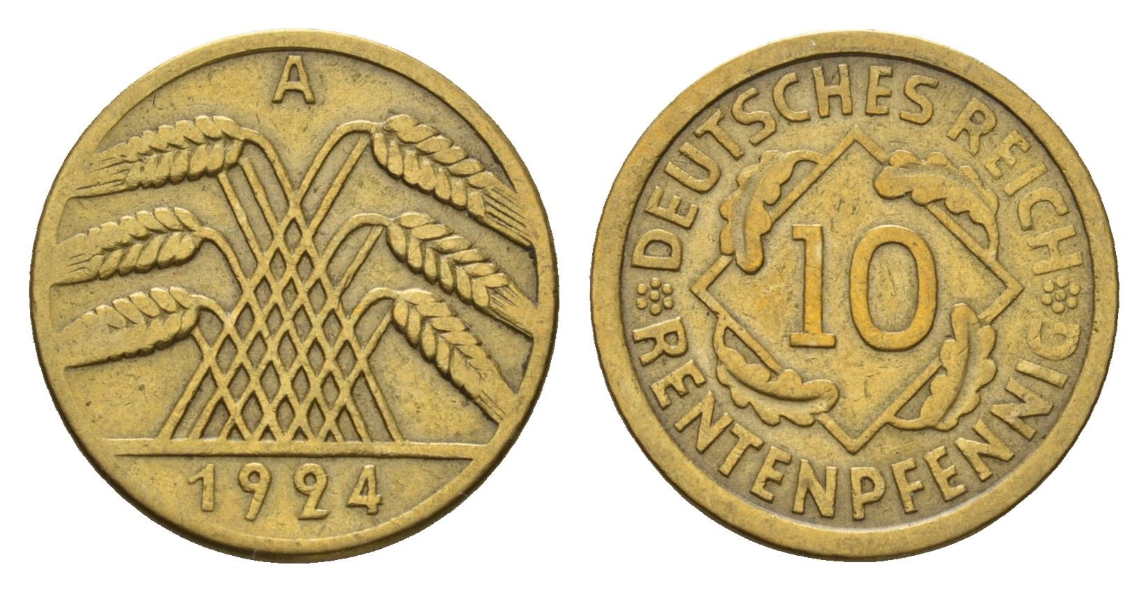 Германия 10 рентенпфеннигов 1924 A KM 33, J. 309 алюминиевая бронза 4636-413