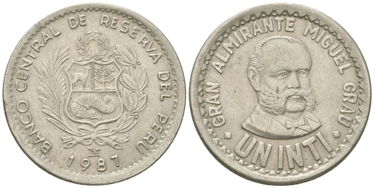Перу 1 инти 1987 Мигель Грау KM 296 медно-никель 4398-115