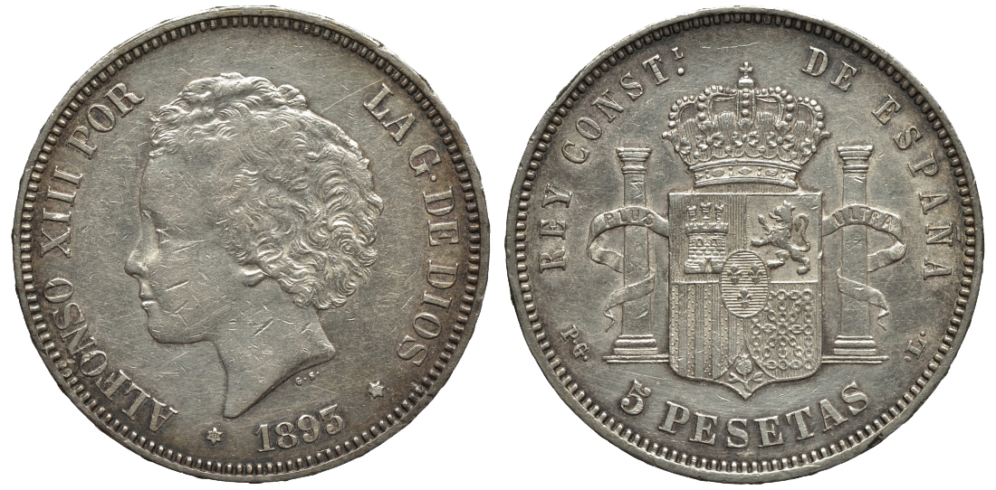 Испания 5 песет 1893 PG-L, КОРОЛЬ АЛЬФОНСО XIII KM 700 серебро 02-252-45