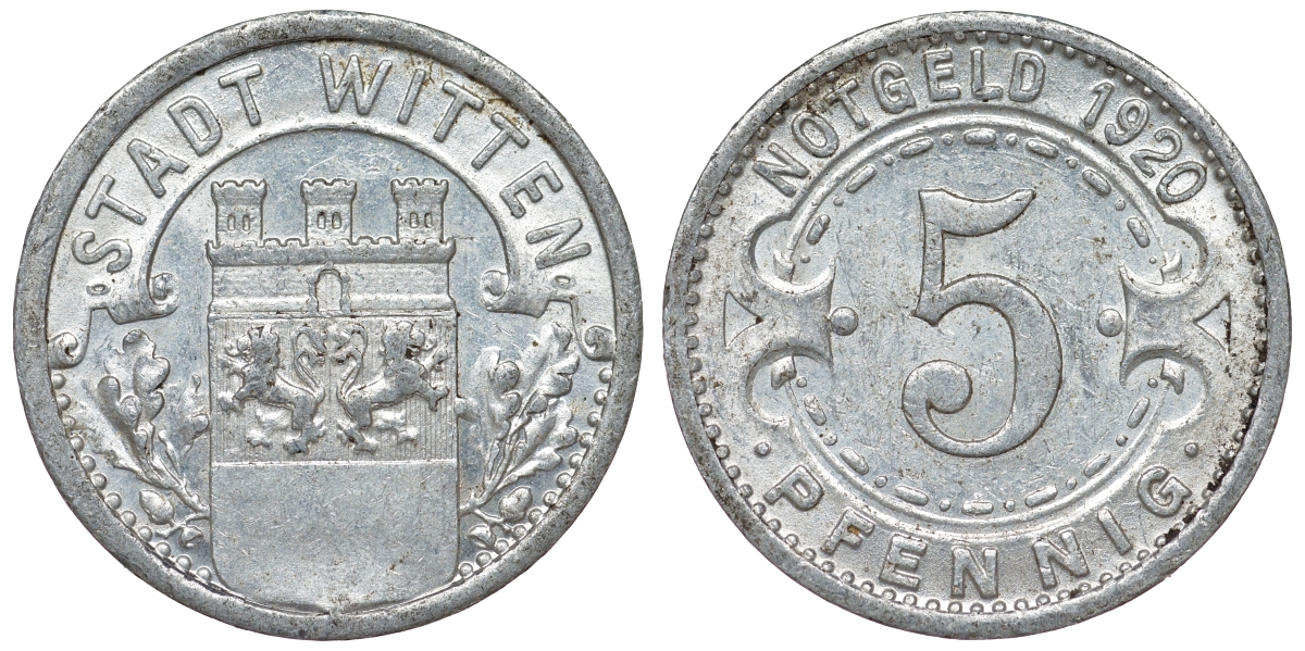 Германия, Виттен 5 пфеннигов 1920 Северный Рейн-Вестфалия, нотгельд Funck 604.7A алюминий 4119-814