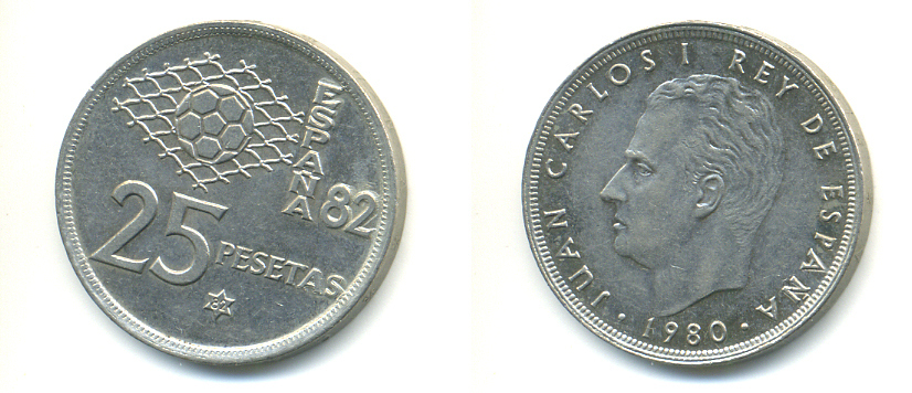 Испания 25 песет 1980 (82) чемпионат мира по футболу KM 818 медно-никель 89-1437