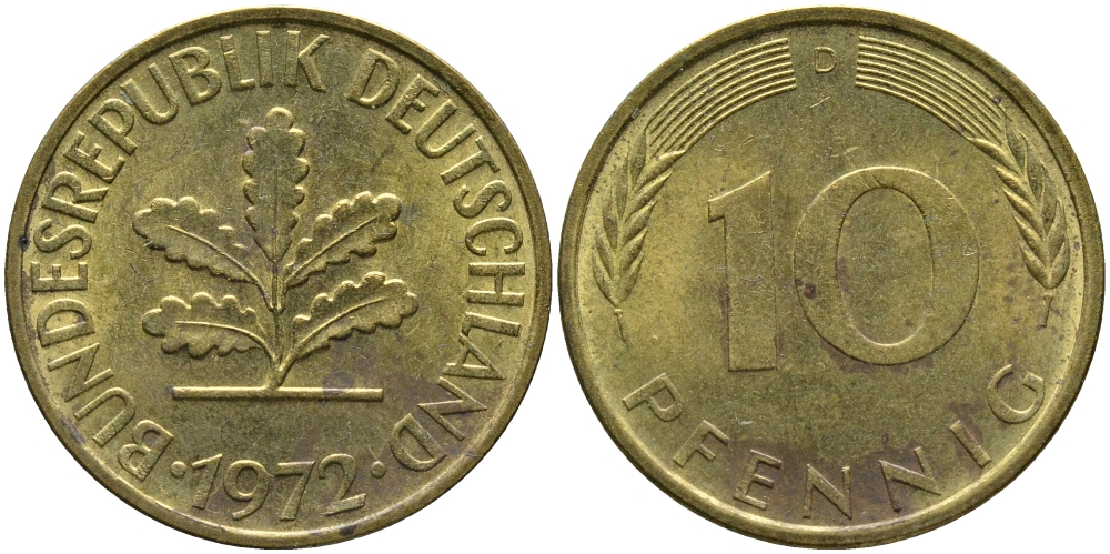 ФРГ 10 ПФЕННИГОВ 1972 D KM 108, J.383 сталь плакированная латунью 98-445