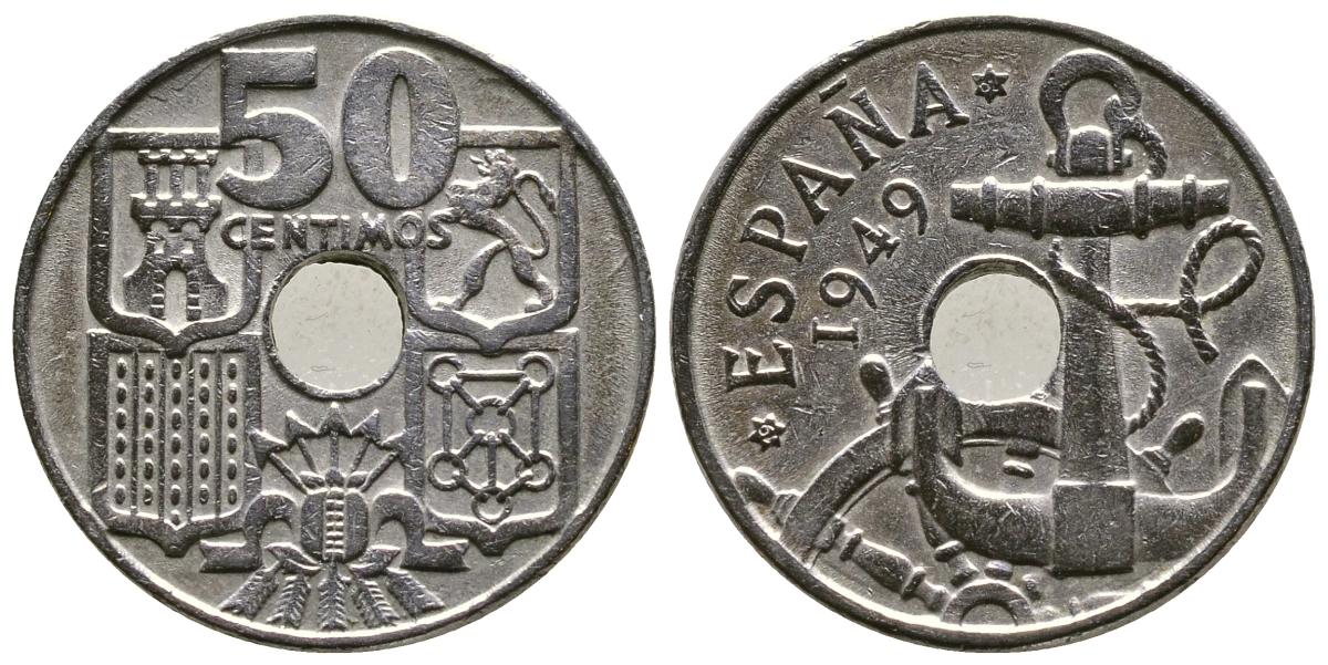 ИСПАНИЯ 50 СЕНТИМО 1949 (62) ФРАНСИСКО ФРАНКО ДИКТАТОР ИСПАНИИ (1939-1975), МОРСКАЯ АТРИБУТИКА KM 777 медно-никель 4385-657