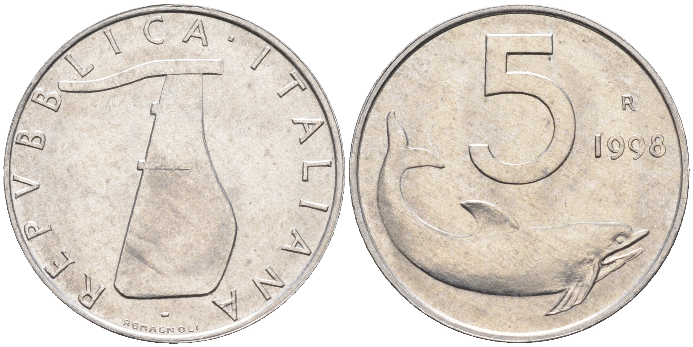 Италия 5 лир 1998 R, дельфин KM 92 алюминий  UNC  4594-935
