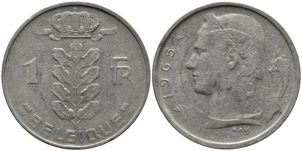 БЕЛЬГИЯ 1 ФРАНК 1965 BELGIQUE KM 142.1 медно-никель 98-615