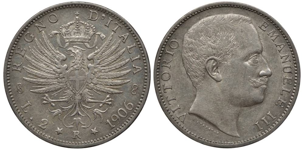 Италия 2 лиры 1906 R, Виктор Эммануил III (1900-1948), Савойский орел (символ Рима), KM 33 серебро 00-821-42