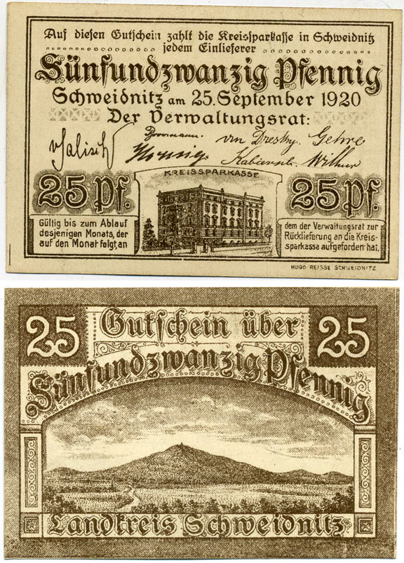 ШВЕЙДНИЦ (СВИДНИЦА ПОЛЬША) 25 ПФЕННИГОВ 1920 НОТГЕЛЬД, 25 СЕНТЯБРЯ 1920 Grabowski S61.2 бумага 7551-39-1-1