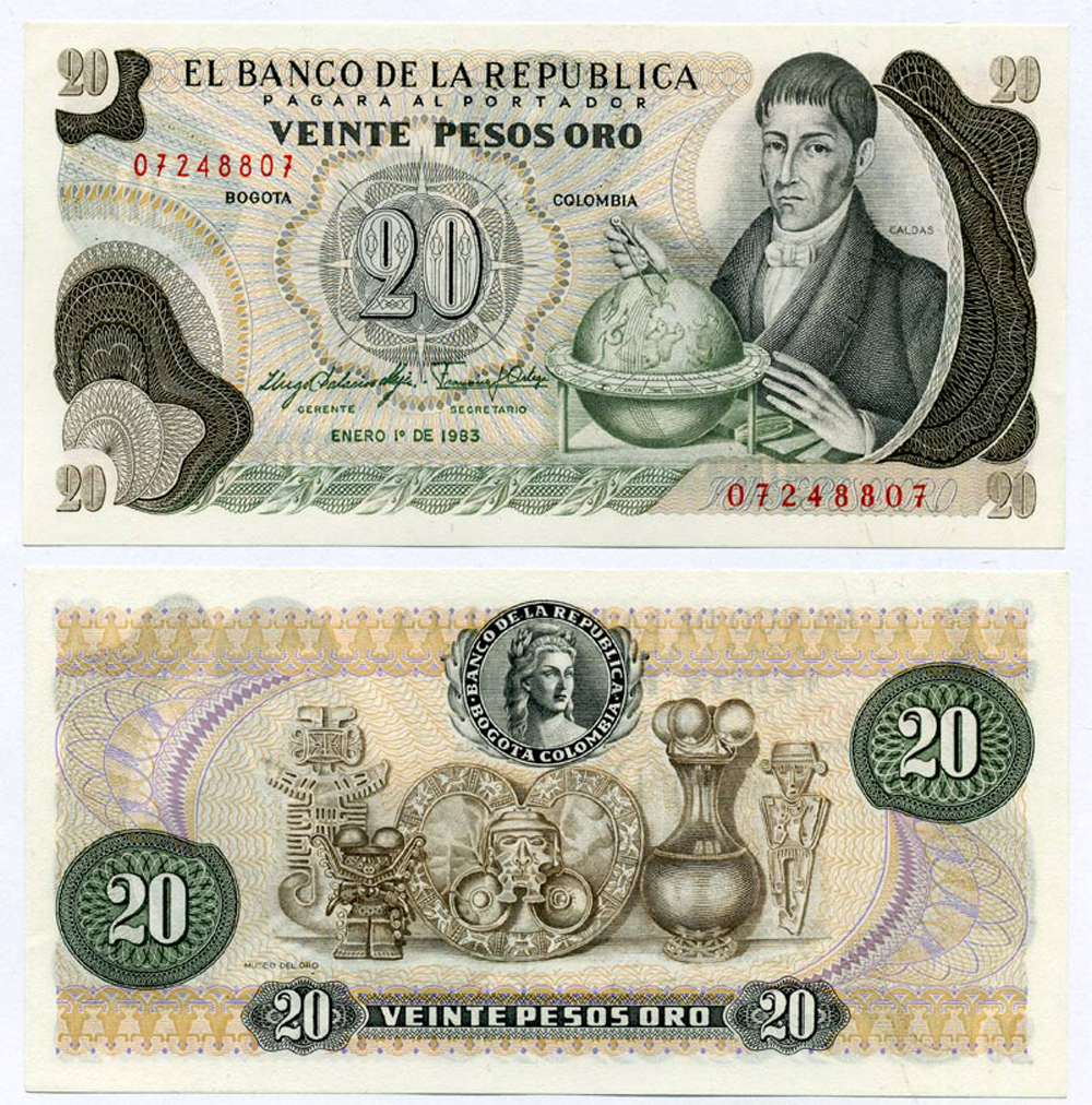 Колумбия 20 песо 1983 Франсиско Хосе де Кальдас, музей золота Pick 409d бумага UNC (пресс) 8611-31-1-2
