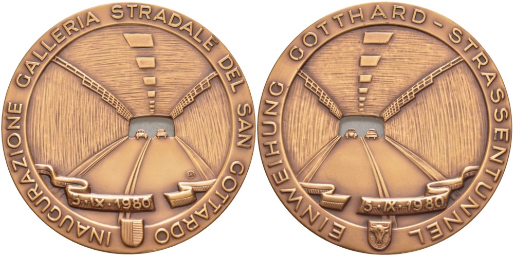 ШВЕЙЦАРИЯ МЕДАЛЬ 1980 ПОСВЯЩАЕТСЯ ОТКРЫТИЮ 5 СЕНТЯБРЯ 1980 ГОДА ГОТАРДСКОГО АВТОМОБИЛЬНОГО ТОННЕЛЯ В ШВЕЙЦАРИИ, ДИАМЕТР 50 ММ. 1089-5-42
