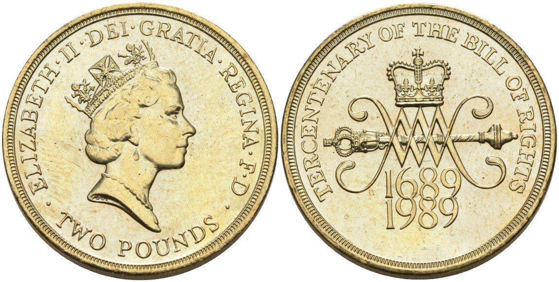 Великобритания 2 фунта 1989 Елизавета II (1952-2022), 300 лет "Биллю о правах" Англии KM 960, Spink 4312 (K2) никель латунь UNC 4557-411