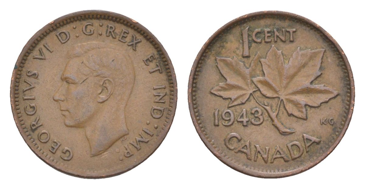 Канада 1 цент 1943 Георг VI (1936-1952), кленовый лист KM 32 бронза 4630-516