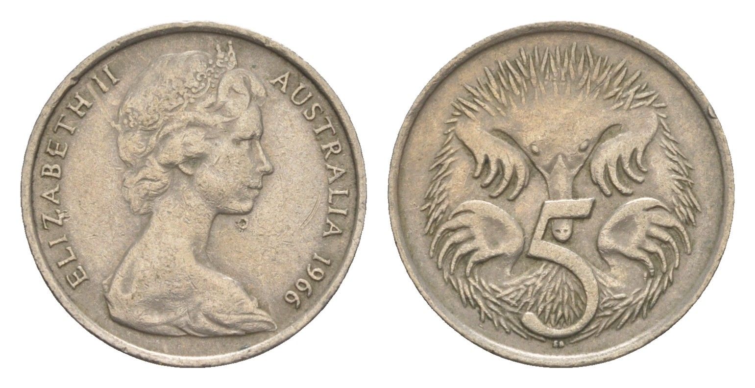 Австралия 5 центов 1966 Елизавета II (1952-2022) молодой портрет, ехидна KM 64 медно-никель 4151-123
