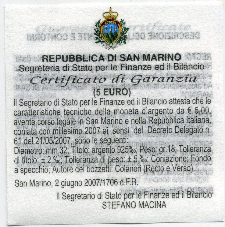 Сан-Марино 5 евро 2007 дирижер Артуро Тосканини, в оригинальной коробке, с сертификатом KM 474 серебро PROOF 4-5-1-17