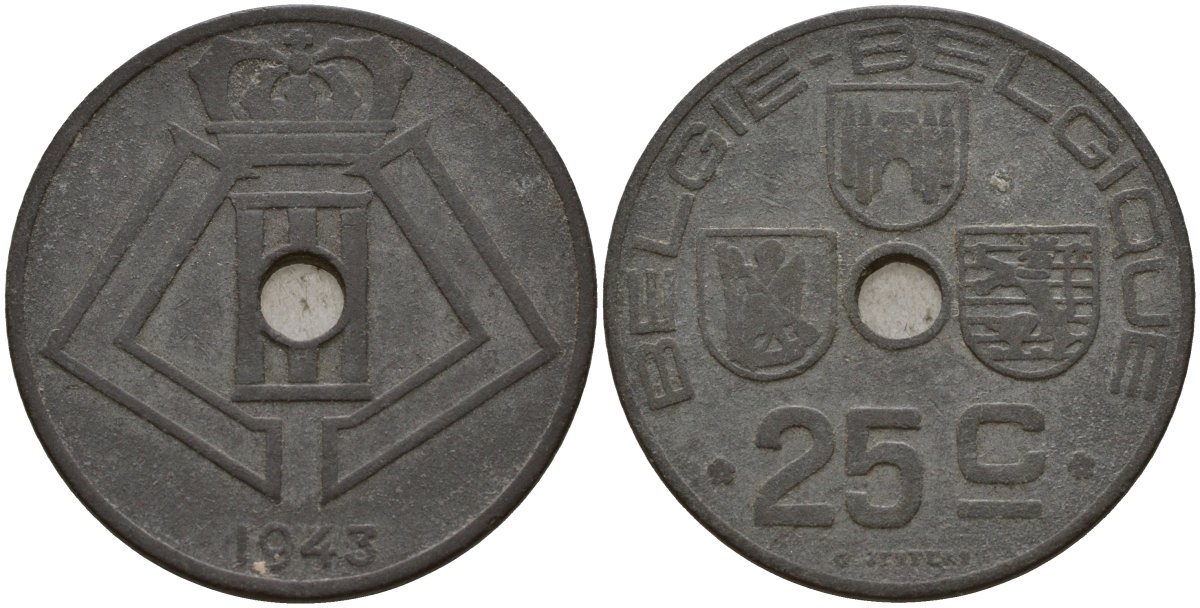 Бельгия 25 сантимов 1943 Belgie - Belgique, Леопольд III (1934-1947), германская оккупация, Вторая мировая война KM 132 цинк 4157-536