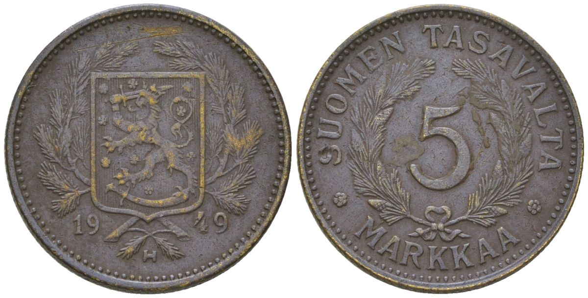 Финляндия 5 марок 1949 H KM 31a латунь 4586-516