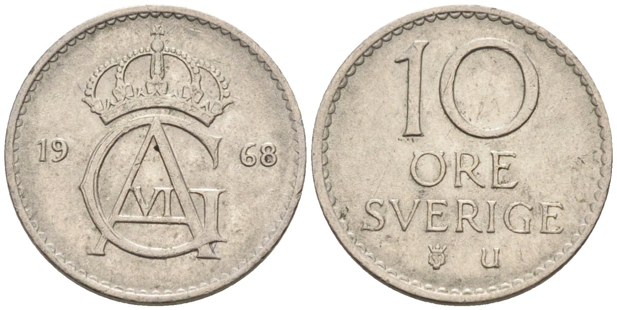 Швеция 10 эре 1968 Густав VI Адольф (1950-1973) KM 835 медно-никель 4585-359