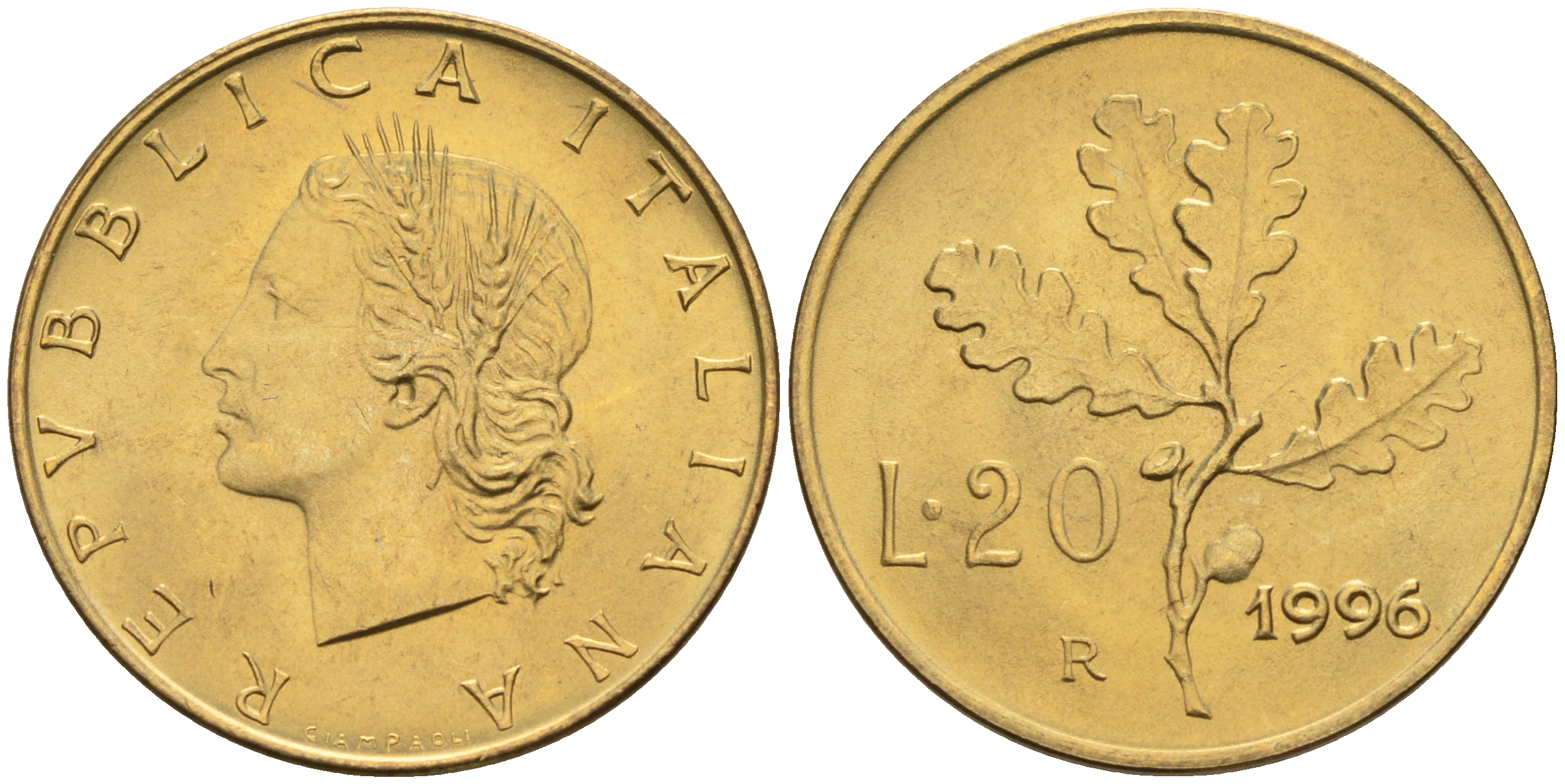 Италия 20 лир 1996 R, дубовый лист KM 97.2 алюминиевая бронза  UNC  4594-1043