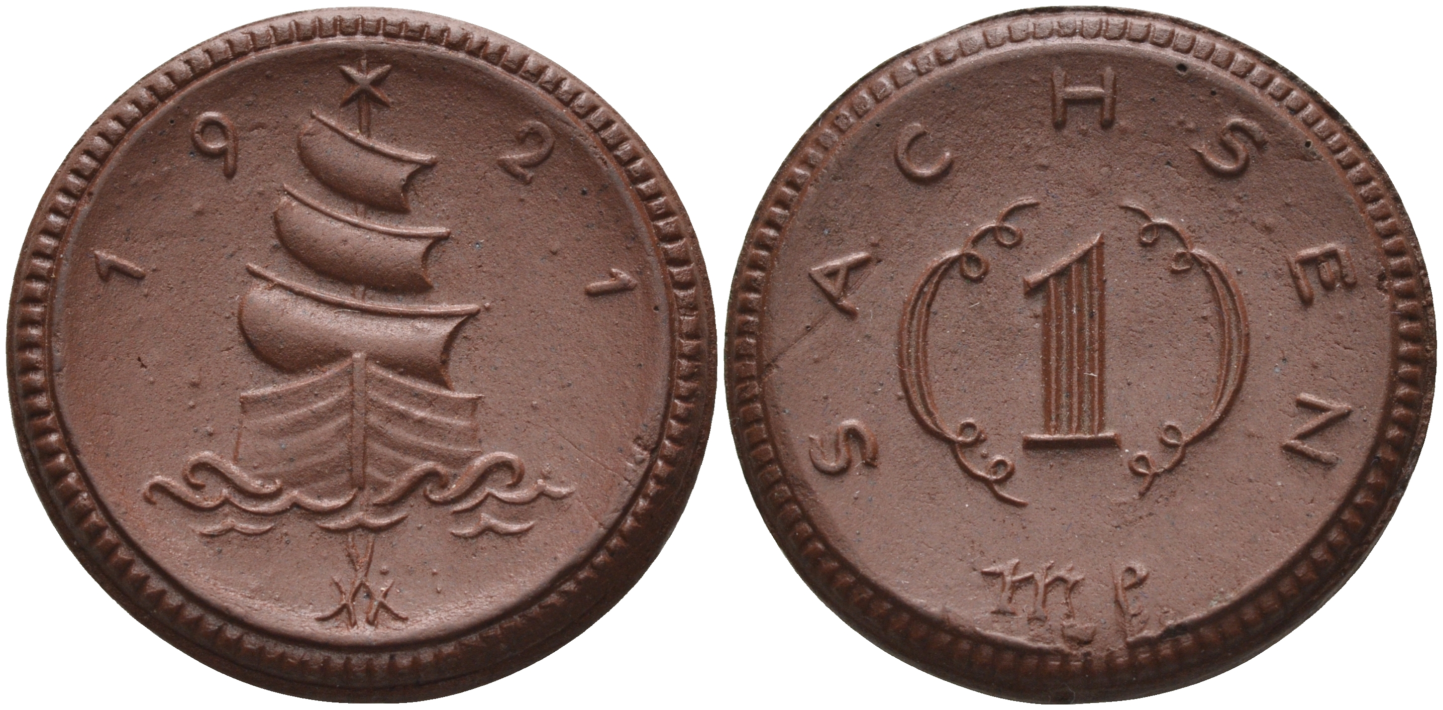 Саксония 1 марка 1921 парусник J. N 55 фарфор 1094-4-52