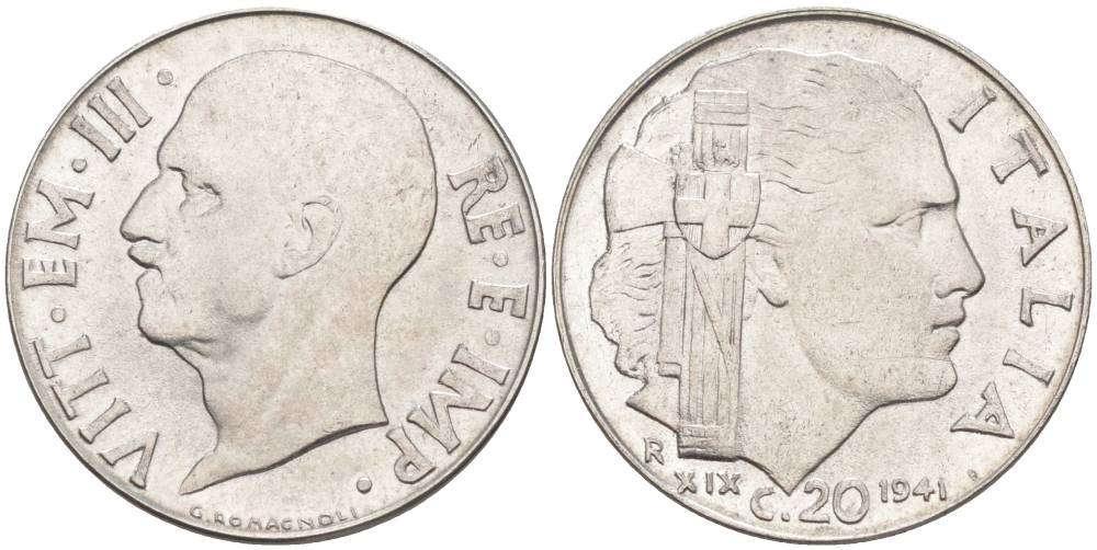 ИТАЛИЯ 20 ЧЕНТЕЗИМО 1941 R, ГОД XIX, ВИКТОР ЭММАНУИЛ III (1900-1946) KM 75b, VEM3. 1028 нержавеющая сталь 3853-713