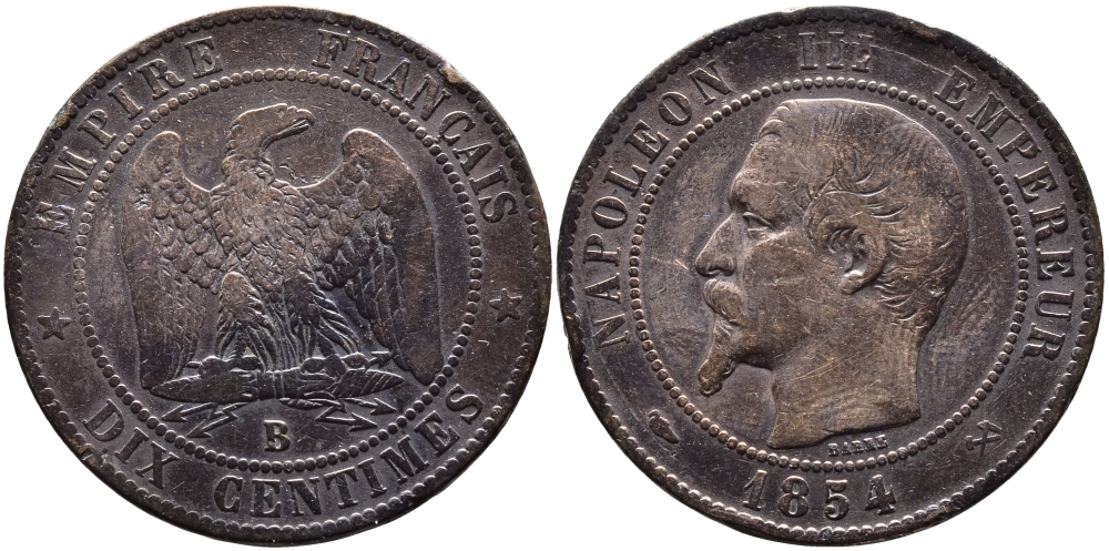 ФРАНЦИЯ 10 САНТИМОВ 1854 B, НАПОЛЕОН III (1852-1870) KM 771.2 бронза 4389-1014