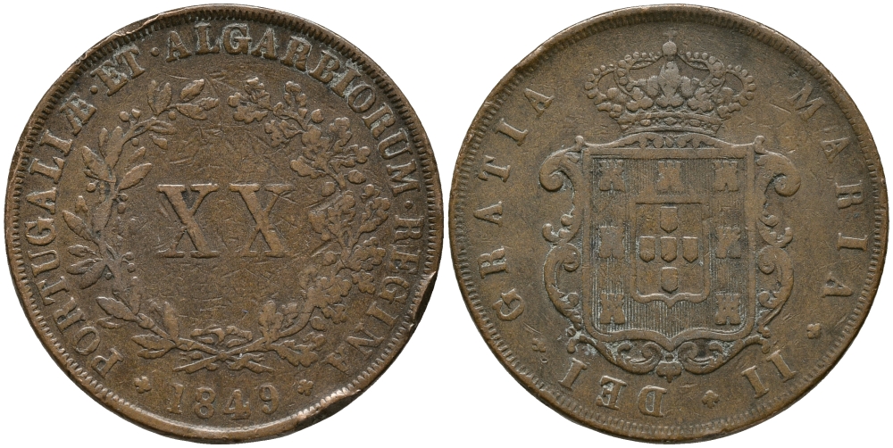 ПОРТУГАЛИЯ 20 РЕЙС 1849 МАРИЯ II (1834-1853) KM 482 медь 1521-1032