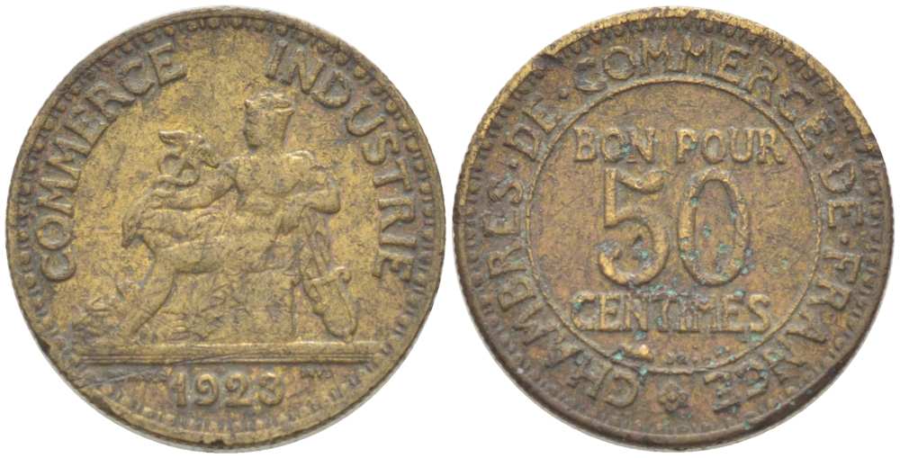 ФРАНЦИЯ 50 САНТИМОВ 1923 CHAMBRES DE COMMERCE KM 834, LE FRANC 191.6 алюминиевая бронза 218-122