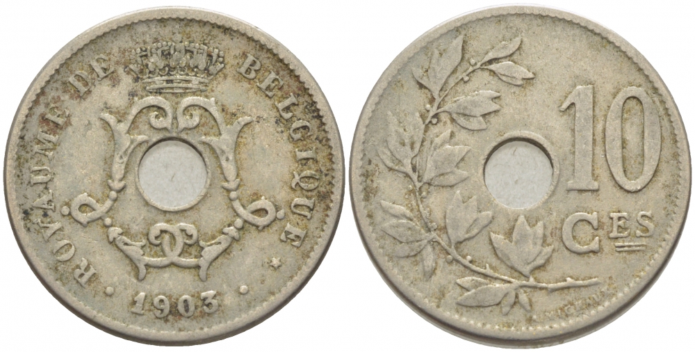 БЕЛЬГИЯ 10 САНТИМОВ 1903 BELGIQUE KM 48 медно-никель 4448-815