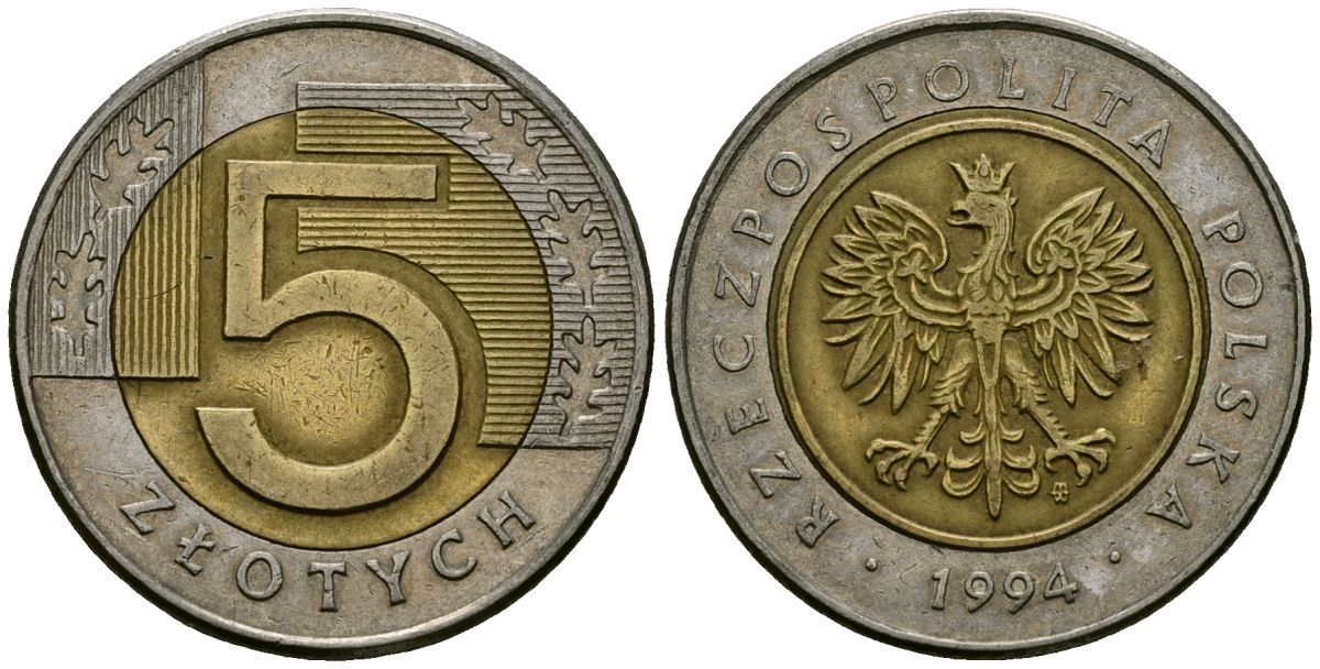 Польша 5 злотых 1994 MW KM 284 биметалл 4138-455