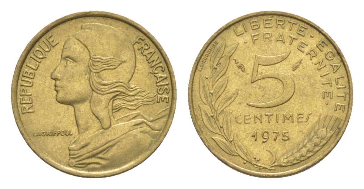 Франция 5 сантимов 1975 тип Morlon KM 933, Le Franc 125.11 алюминиевая бронза UNC 4630-328