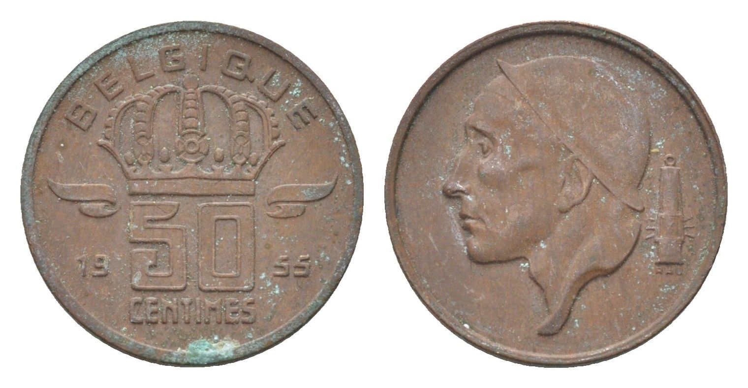 Бельгия 50 сантимов 1955 Belgique, Бодуэн I (1951-1993) KM 148 бронза 4705-221