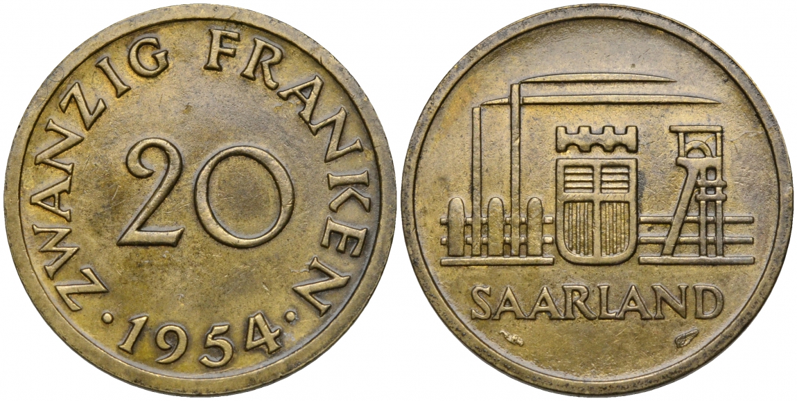 Саарланд 20 франков 1954 индустрия KM 2 алюминиевая бронза 51-2637
