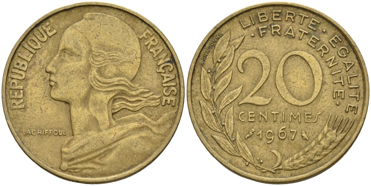 Франция 20 сантимов 1967 тип Marianne KM 930 алюминиевая бронза 4606-723