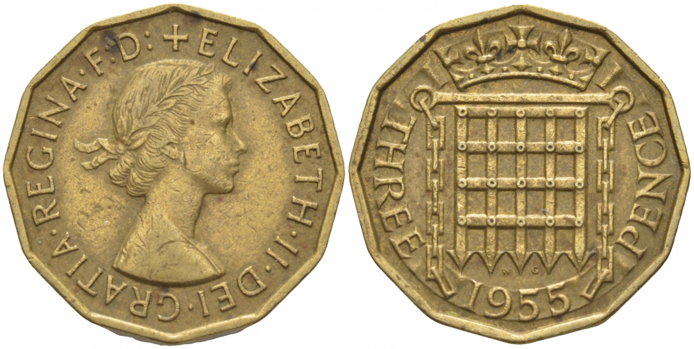 Великобритания 3 пенса 1955 Елизавета II (1952-2022) KM 900, Spink 4153 никель латунь 175-1031