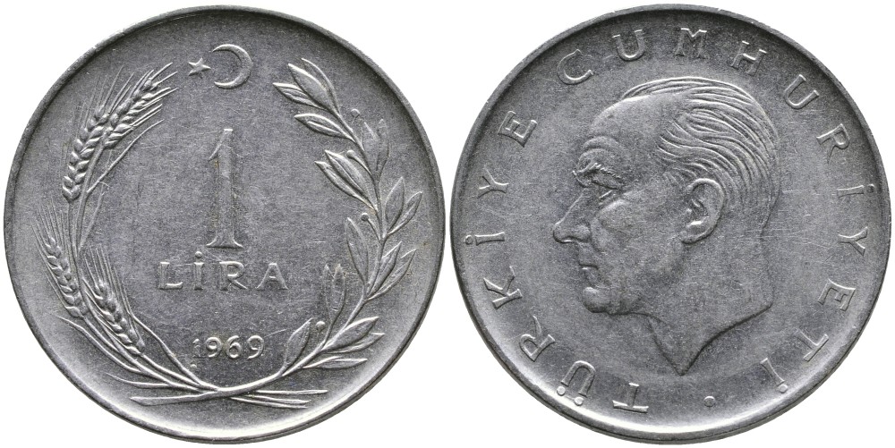 Турция 1 лира 1969 Мустафа Кемаль Ататюрк KM 889а.2 нержавеющая сталь 4538-1157