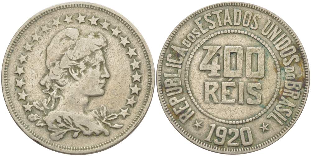 БРАЗИЛИЯ 400 РЕЙС 1920 ГОЛОВА СВОБОДЫ ВПРАВО KM 520 медно-никель 4517-1236