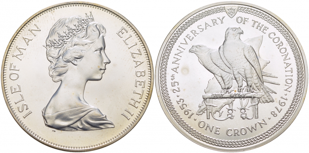Остров Мэн 1 крона 1978 25 лет коронации королевы Елизаветы II, соколы KM 43a серебро UNC 11-173-45
