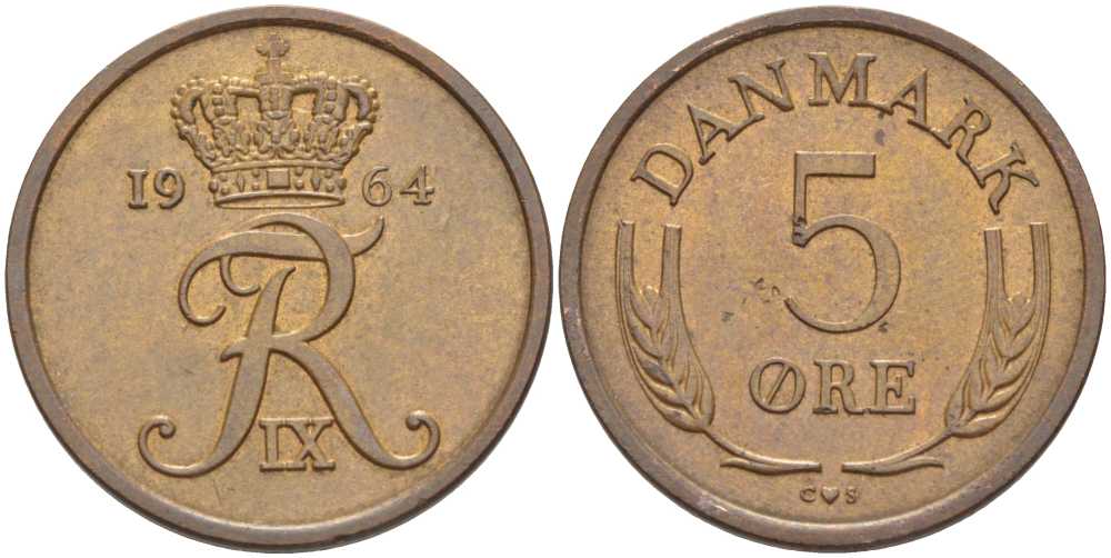 ДАНИЯ 5 ЭРЕ 1964 C; S, ФРЕДЕРИК IX (1947-1972) KM 848.1 бронза 67-745