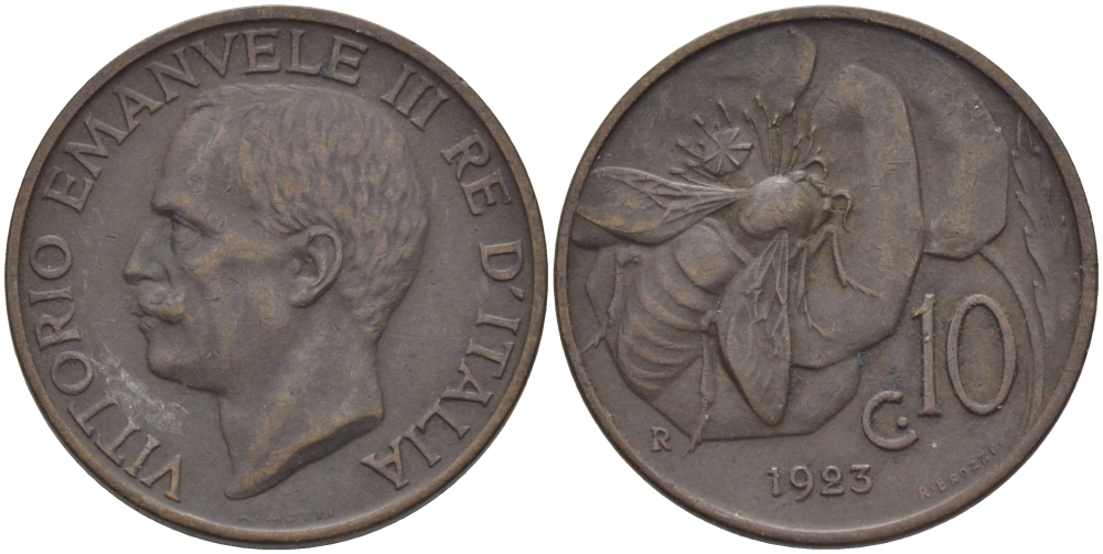 ИТАЛИЯ 10 ЧЕНТЕЗИМО 1923 R, ПЧЕЛА, ВИКТОР ИМАНУИЛ III KM 60 медь 28-113