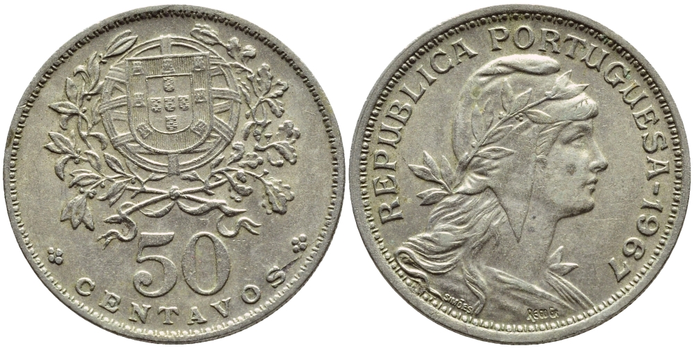 Португалия 50 сентаво 1967 KM 577 медно-никель 4395-755