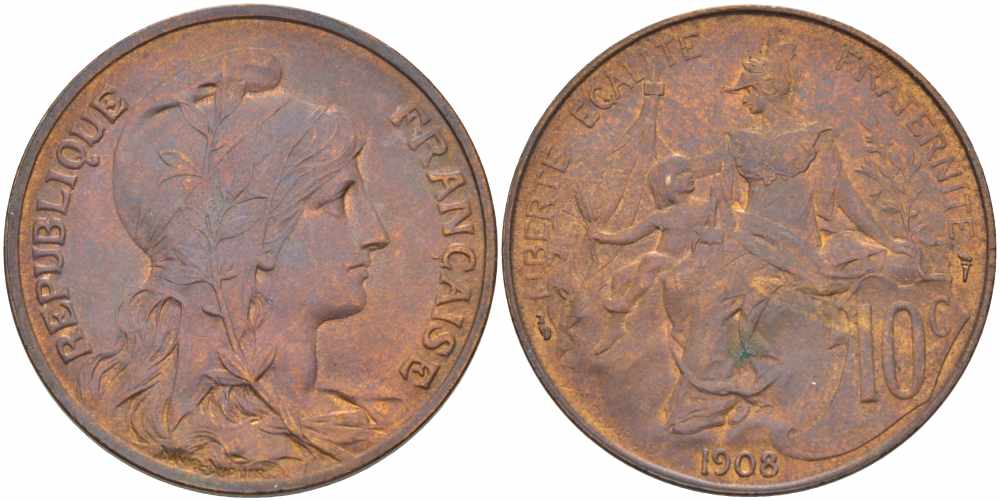 ФРАНЦИЯ 10 САНТИМОВ 1908 ТИП ДАНИЭЛЬ ДЮПЮИ KM 843, LA FRANC 136.18 бронза 109-235