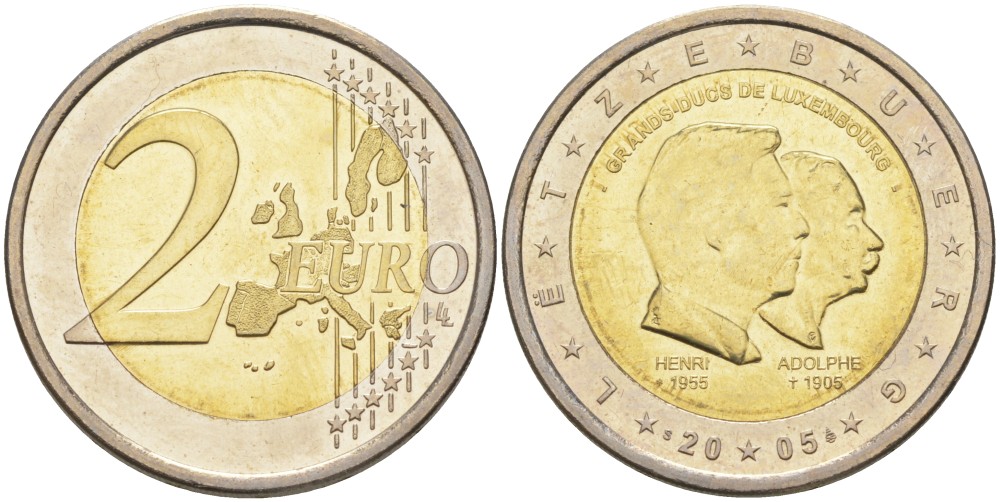 Люксембург 2 евро 2005 50-лет правящему монарху Анри Нассау, 100-летие со дня смерти герцога Люксембургского Адольфа KM 87 биметалл UNC 4185-1015