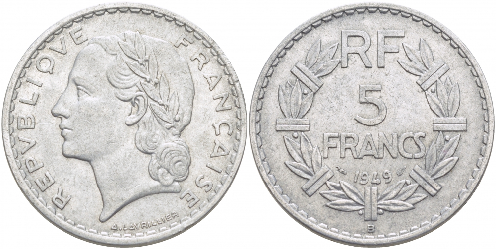 Франция 5 франков 1949 В, тип Лаврийе KM 888b.2, LE FRANC 339.19 алюминий aUNC 4403-233