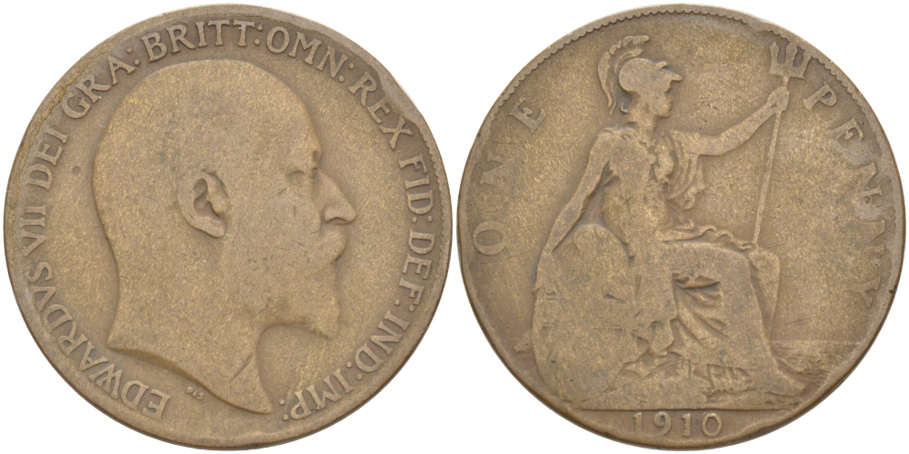 Великобритания 1 пенни 1910 Эдуард VII (1901-1910) KM 794.2, Spink 3990 бронза 215-245