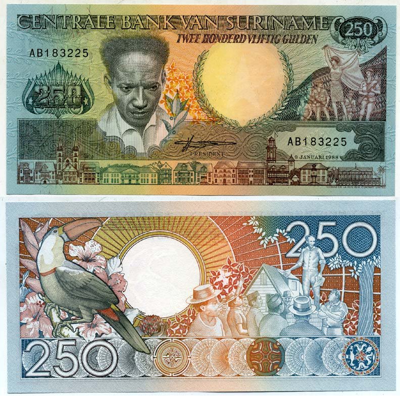 Суринам 250 гульденов 1988 Антон де Ком, тукан на ветке Pick 134 бумага UNC (пресс) 6300-18-3-1