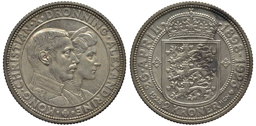 Дания 2 кроны 1923 HCN; GJ, 26 Апреля (1898-1923) серебряная свадьба Кристиана X и Александры KM 821 серебро 1522-642