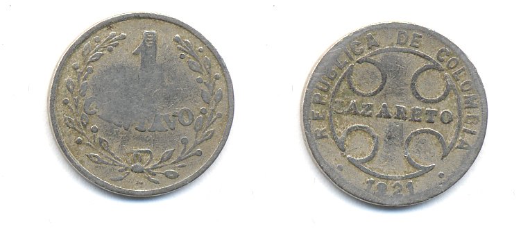 Колумбия 1 сентаво 1921 государственный лепрозорий KM L9 медно-никель 53-568